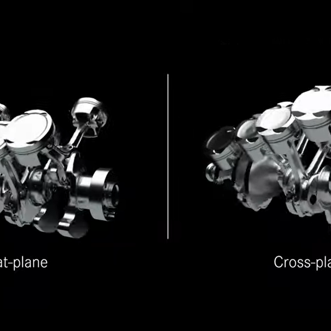 Screenshot from a video animating the differences between crankshaft types